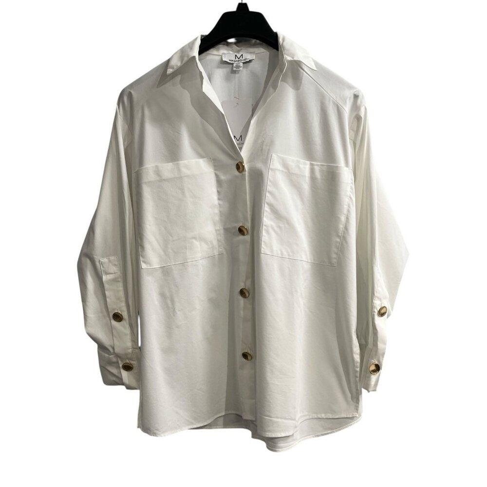 Magaschoni White Gold Button Down Blouse Tunic Size‎ S Capsule Office Career